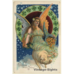 Art Nouveau: Female Angel - Pig - Clover - Cornucopia (Vintage PC 1905)