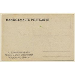 R. Schwarzenbach / Wädenswil-Zürich: Tree - Rock - Lake (Handpainted Vintage PC 1920s)
