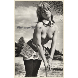 Hot Topless Pinup / High Boots - Short Skirt - Puffy Nipples (Vintage Photo B/W ~1950s/1960s)