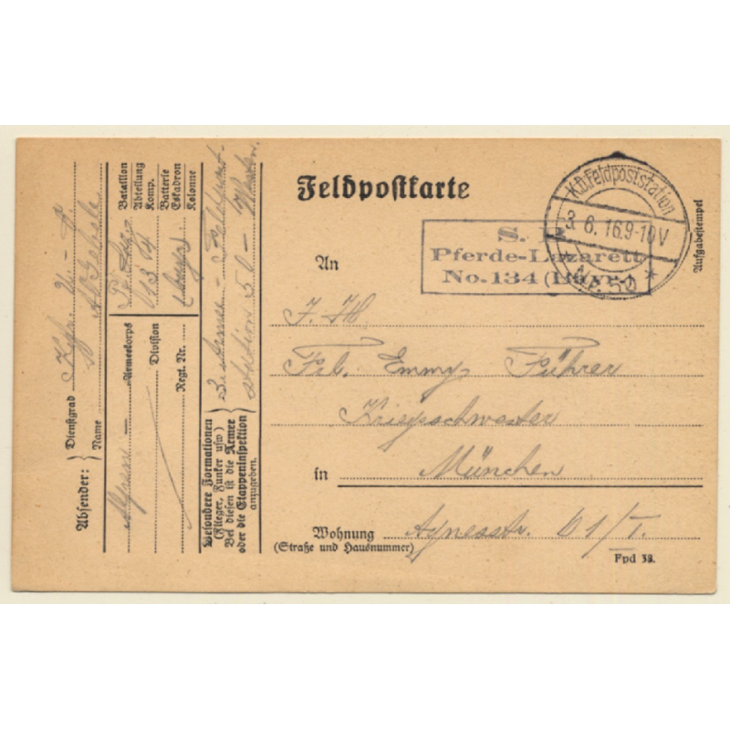 S.B. Pferde Lazarett No.134 / Feldpostkarte (Vintage PC 1916)