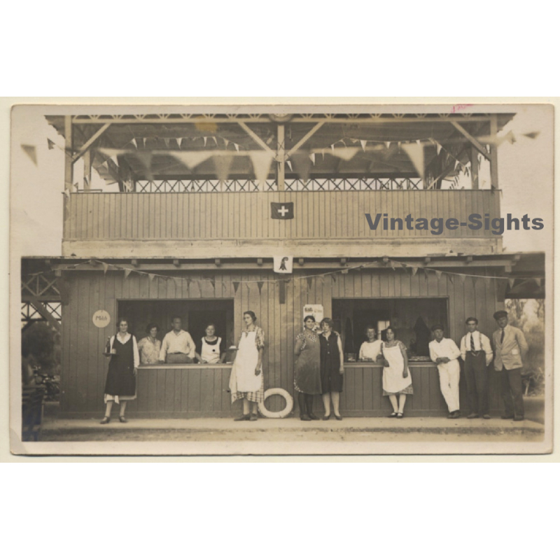 Kanton Basel / Switzerland: Kiosk Rheinbad? Schwimmbad? (Vintage RPPC 1920s/1930s) Kanton Basel / Switzerland: Kiosk Rheinbad? Schwimmbad? (Vintage RPPC 1920s/1930s)