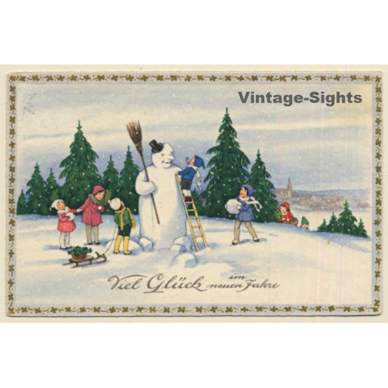 Boy On Ladder Builds Snowman / Forest - Sleigh (Vintage PC 1933) Boy On Ladder Builds Snowman / Forest - Sleigh (Vintage PC 1933)