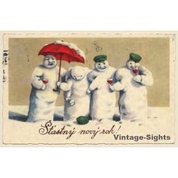 Snowmen Celebrate New Year / Stastny Novy Rok! (Vintage PC 1933)
