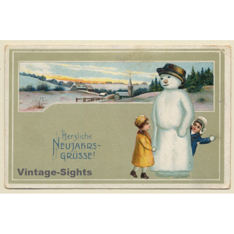2 Kids With Snowman / Herzliche Neujahrsgrüsse (Vintage PC 1924) 2 Kids With Snowman / Herzliche Neujahrsgrüsse (Vintage PC 1924)