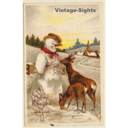 2 Deers With Snowman / Die Besten Wünsche Zum Neujahr (Vintage PC)