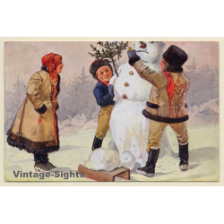 K.Simonka: Kids Build Snowman / Sleigh (Vintage PC 1942)