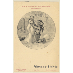 A.Hendschel's Skizzenbuch: Boy Builds Snowman (Vintage PC 1900s)