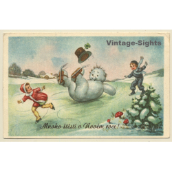 Falling Iceskating Snowman With 2 Kids / Happy New Year (Vintage PC)