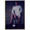 Darkhaired Semi Nude In Ruffle Blouse*2 / Nylons - Suspenders (Vintage Photo ~1980s)