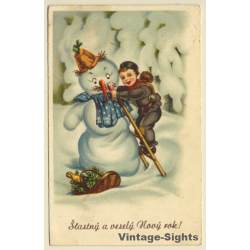 Young Boy Chimney Sweeper & Snowman (Vintage PC 1945)
