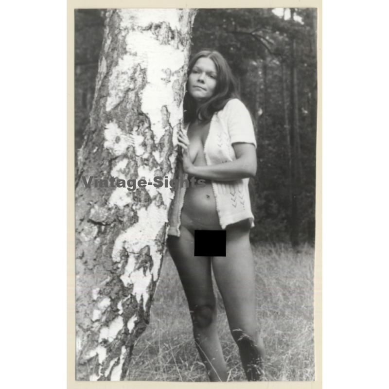 Longhaired Semi Nude Leaning Against Birch *4 (Vintage Photo GDR ~1980s)