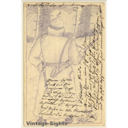 WW1: German Soldier With Coat & Rifle (Vintage Hand Drawn PC 1915)