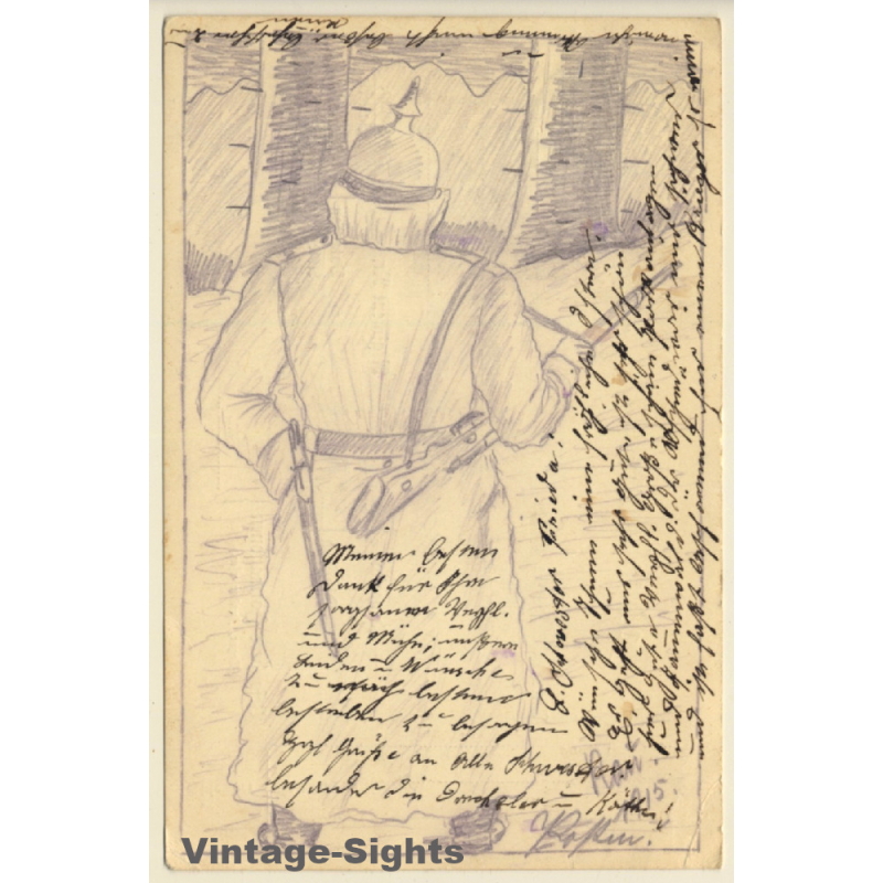 WW1: German Soldier With Coat & Rifle (Vintage Hand Drawn PC 1915) WW1: German Soldier With Coat & Rifle (Vintage Hand Drawn PC 1915)