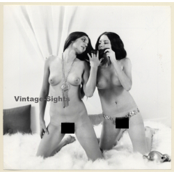 Erotic Study: 2 Slim Darkhaired Nudes Kneeling On Flocati / Lesbian INT (Vintage Photo KORENJAK 1970s/1980s)