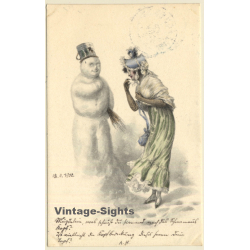 Elegant Lady & Snowman / Schneemann (Vintage Artist PC 1900)
