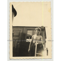 Topless German Barge Captain On Deck (Vintage Photo B/W ~1940s/1950s)