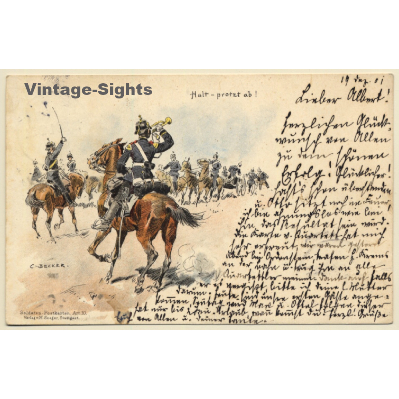 Carl Becker: Halt, Protzt Ab! / Soldaten - Kavallerie (Vintage PC Litho 1901) Carl Becker: Halt, Protzt Ab! / Soldaten - Kavallerie (Vintage PC Litho 1901)