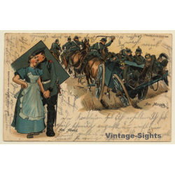 Soldat Mit Ehefrau / Kavallerie Im Manöver (Vintage Artist PC Litho 1905)