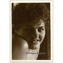 Artistic Erotic Portrait: Chubby Curlyhead Looks At Camera (Vintage Photo France Sepia ~1980s)