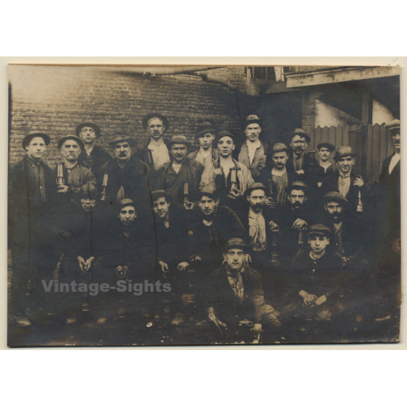 Group Of Belgian Miners With Miner's Lamps / Mineurs (Vintage Photo Sepia ~1910s/1920s) Group Of Belgian Miners With Miner's Lamps / Mineurs (Vintage Photo Sepia ~1910s/1920s)