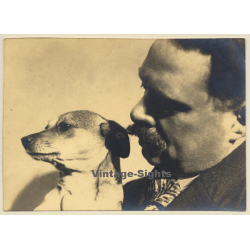 Nice Portrait Of Sweet Little Dog & His Owner (Vintage Photo Sepia ~1920s)