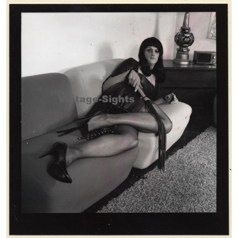Transsexual Woman With Whip In Leather Dress *2 (Vintage Contact Sheet Photo 1970s/1980s)