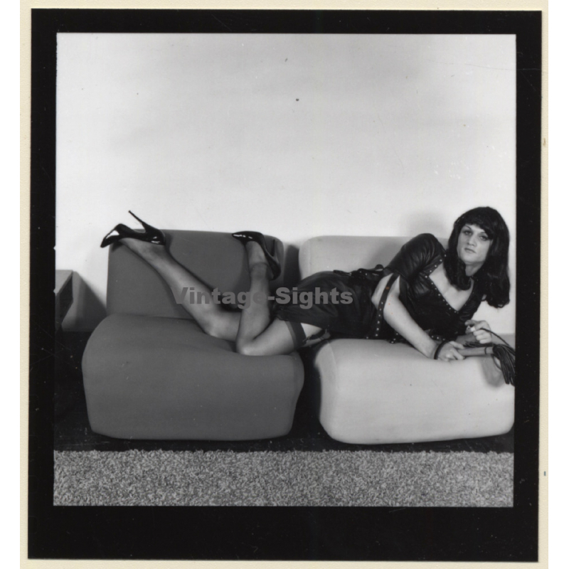 Transsexual Woman With Whip In Leather Dress *7 (Vintage Contact Sheet Photo 1970s/1980s)