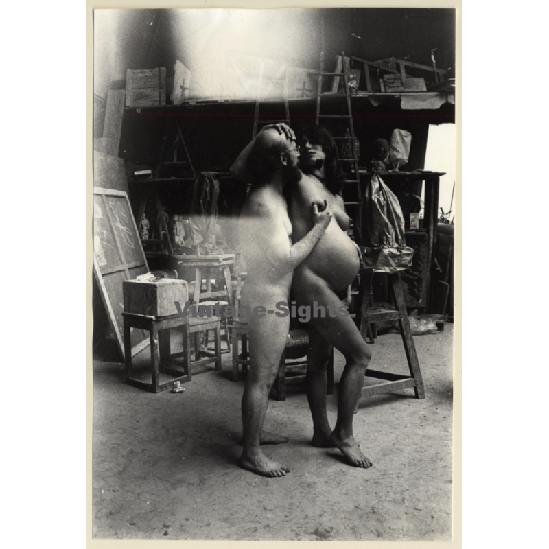 Jerri Bram (1942): Erotic Study Of Nude Couple In Artist Studio / Pregnant Woman (Vintage Photo ~1970s)