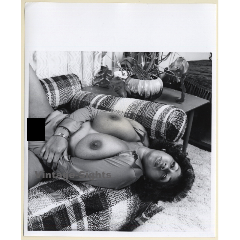 Erotic Study: Chubby Busty Dark-Skinned Nude On Checkered Couch*3 (Vintage Photo KORENJAK 1970s/1980s)