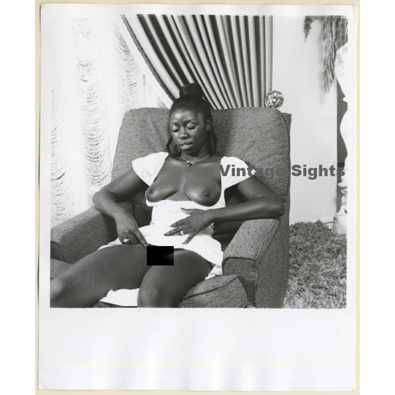 Erotic Study: Dark-Skinned Semi Nude Flashing Boobs In Lounge Chair (Vintage Photo KORENJAK 1970s/1980s)