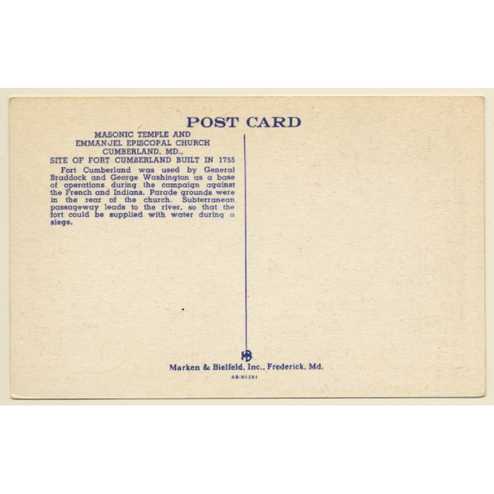 Cumberland / USA: Masonic Temple & Emmanuel Episcopal Church (Vintage PC ~1930s/1940s)