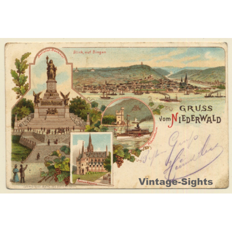 Gruss Vom Niederwald: Bingen - Nationaldenkmal (Vintage PC Litho 1898)