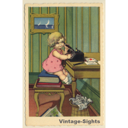 Little Girl On Telephone*1 (Vintage MONOROSS Artist PC ~1920s/1930s)