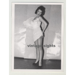 Tiny Pin Up Female Posing In Short White Dress / Suspenders (Vintage Photo 1950s)
