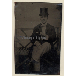 Elegant Man with Top Hat On Bench / Tintype (Vintage Ferrotype Photo 1890s/1900s)