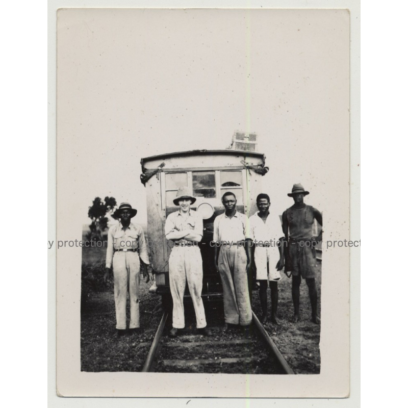 Mixed Group Of Workers In Front Of Railway Wagon (Vintage Photo B/W Africa 1940s/1950s)