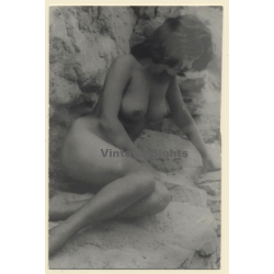 Erotic Study: Busty Natural Nude On Beach Rocks (Vintage Photo ~1950s/1960s)