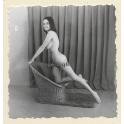 Erotic Study: Slim Nude Female Kneeling On Wicker Chair (Vintage Photo ~1960s)