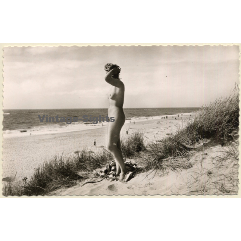 Insel Sylt: Natural Nude Blonde Standing In The Dunes / Nudism (Vintage RPPC ~1970s/1980s)