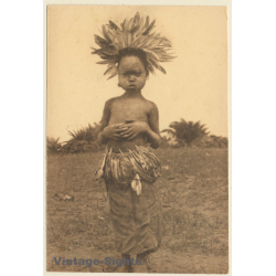 Congo: Native Boy With Tribal Feather Headdress (Vintage PC ~1930s)