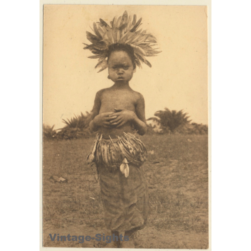 Congo: Native Boy With Tribal Feather Headdress (Vintage PC ~1930s)