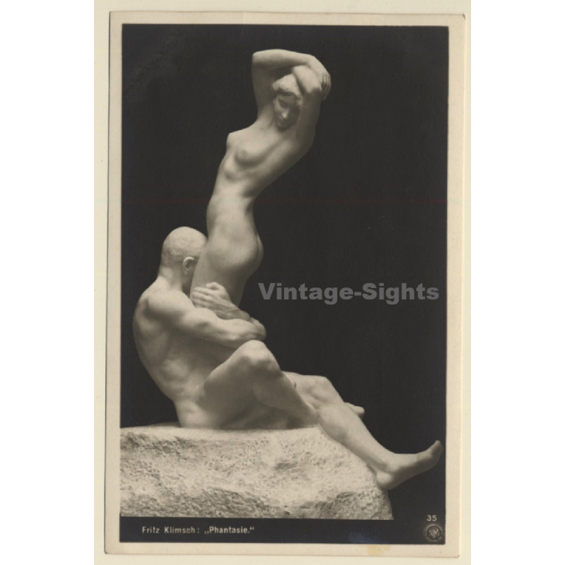 Fritz Klimsch: Phantasie / Nude Couple Sculpture (Vintage RPPC 1910s/1920s)