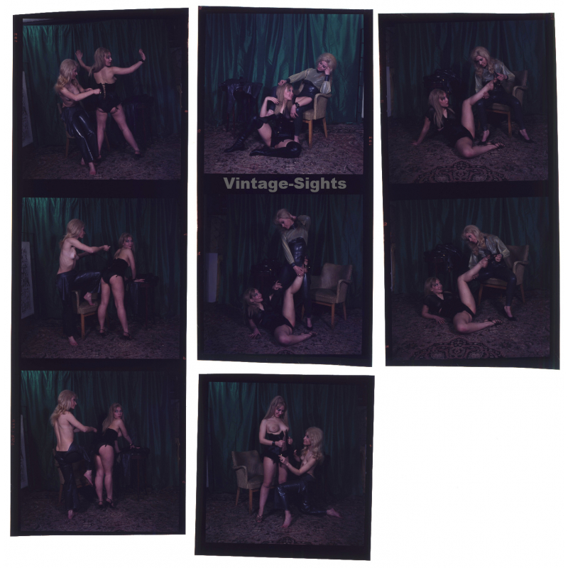 2 Semi Nudes In Lacquer Dressing Each Other (8 Vintage Diapositives ~1970s)