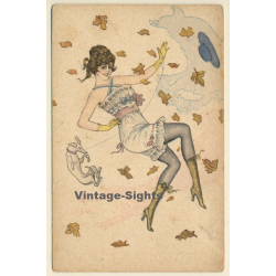 Pin-up Girl With Dog / Art Nouveau Fantasy (Vintage PC ~1910s/1920s)