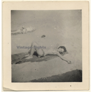 Topless Woman Stretches Out On Beach / Nudism - Boobs (Vintage Photo ~1940s/1950s)