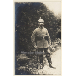 WW1: German Soldier In Uniform / Pickelhaube (Vintage RPPC 1916)