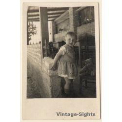 Little Baby Girl And Her Teddy Bear On Veranda (Vintage RPPC 1932)