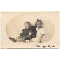2 Sweet Baby Girls & Teddy Bear (Vintage RPPC ~1920s/1930s)