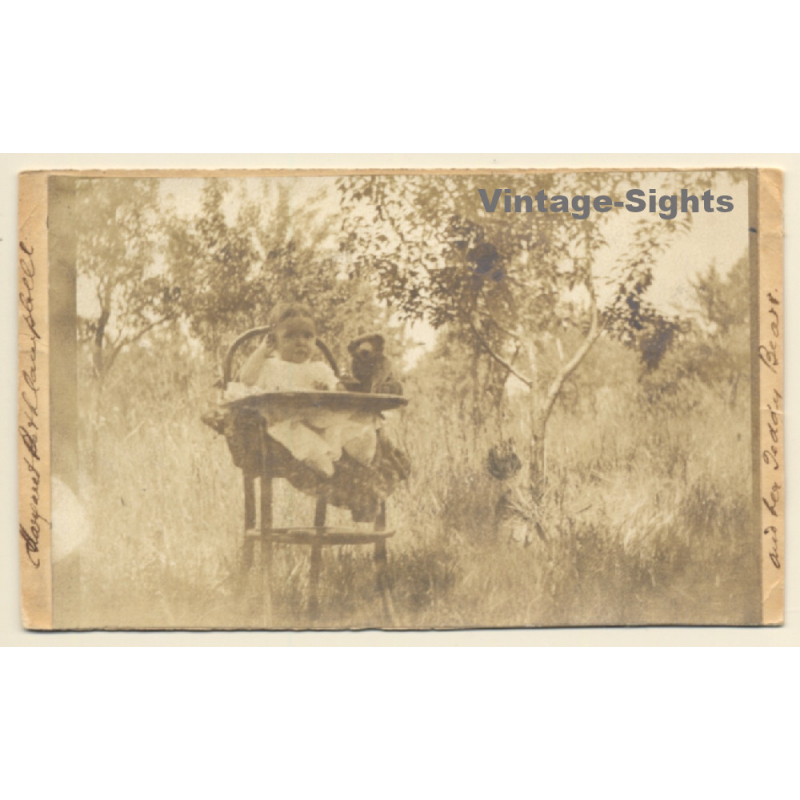 Little Baby & Teddy Bear In Garden / Highchair (Vintage RPPC 1907)