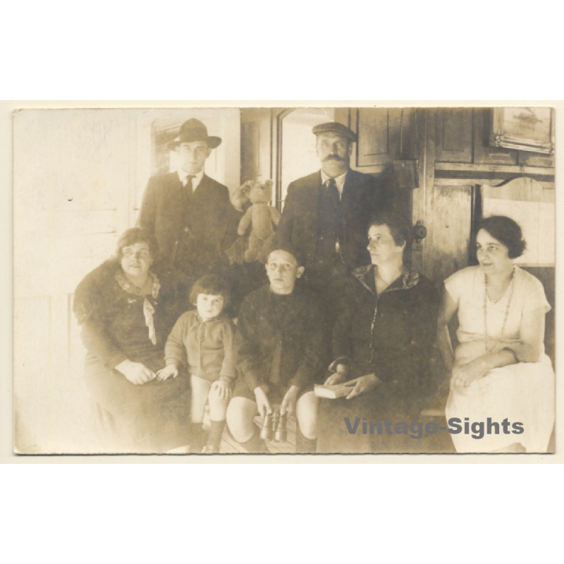 Large Family With Teddy Bear / Binoculars (Vintage RPPC ~1910s)